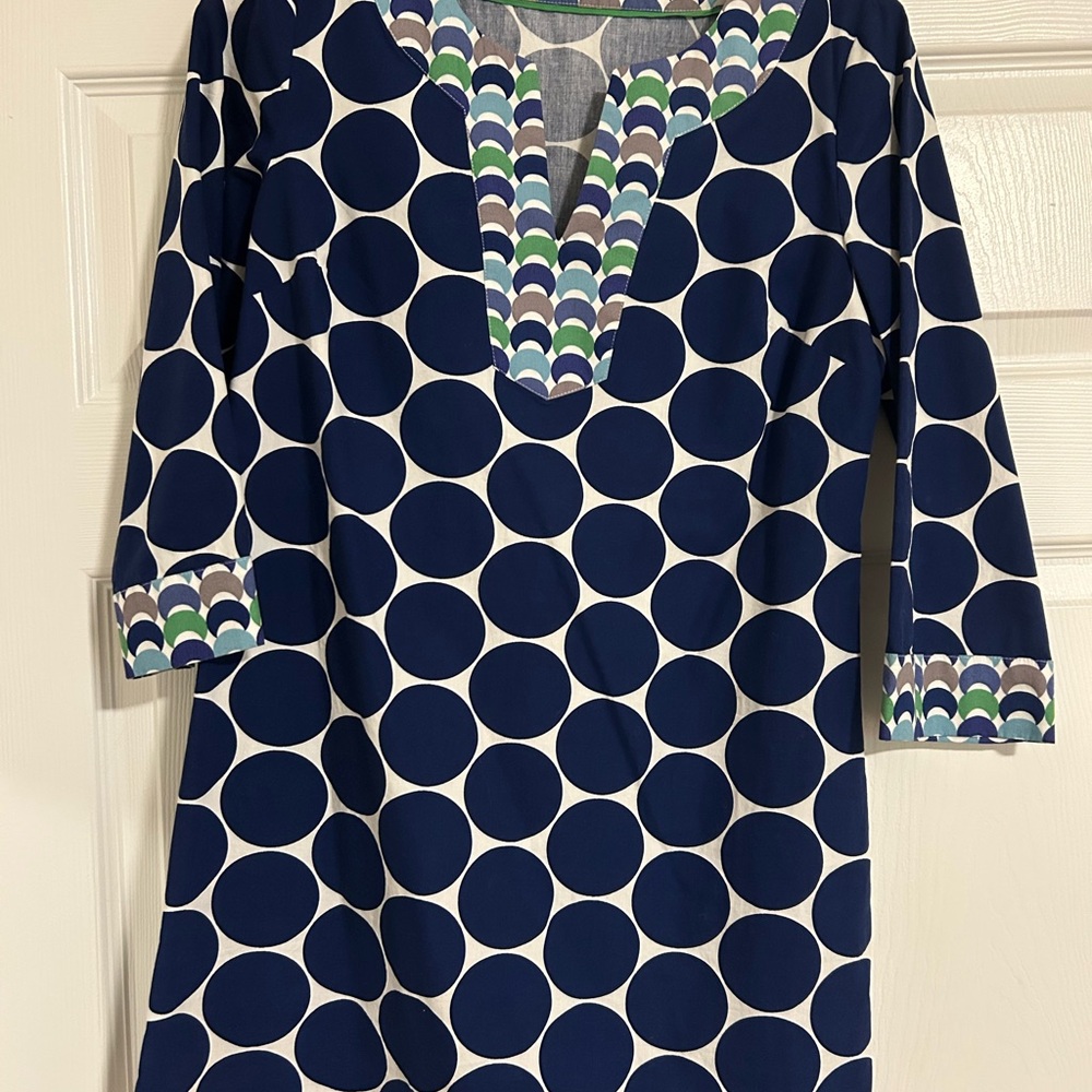 Boden 3/4 Sleeve Cotton Tunic with Bright Navy Geometric Print